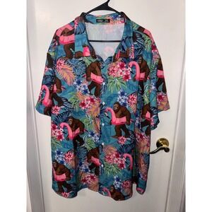 Manfinity Bigfoot Flamingo Tropical Button Up Shirt Mens 5XL Blue Hawaiian